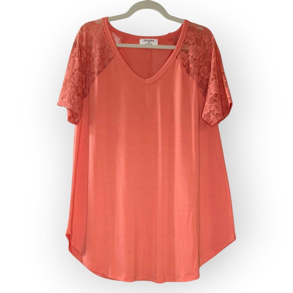 Zenana Lace Sleeve V-Neck Top Coral - Size 1X (NEW) - Picture 2 of 6